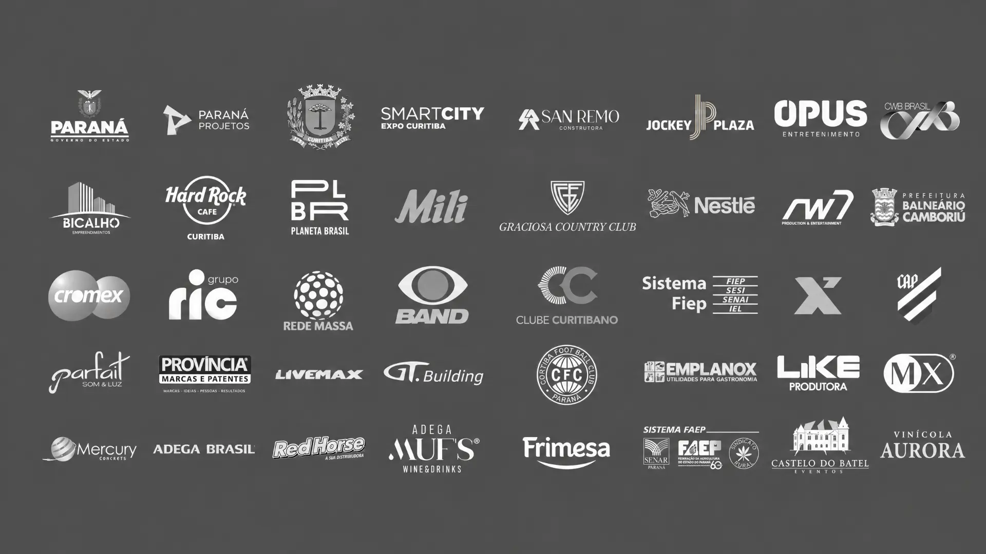 Logos dos clientes: Governo do Paraná, Sistema FAEP SENAR, San Remo Construtora, AW7 Production, Rede Massa, Província Marcas e Patentes, GT Building, Grupo Ric, Graciosa Country Club, Emplanox, CWB Brasil, Curitiba, Cromex, Balneário Camboriú, PARANÁ PROJETOS, SMARTCITY EXPO, JOCKEY PLAZA, OPUS, Hard Rock CAFE, PLANETA BRASIL, Mili, Nestlé, BAND, CLUBE CURITIBANO, LIVEMAX, CFC PARANÁ, Frimesa, AURORA